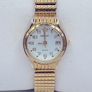 Working! Ladies Vintage Embassy Gold Tone Quartz Minimalist Stretch Band Watch